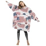 Catalonia American Flag Print Blanket Hoodie Sweatshirt, Oversized Wearable Fleece Pullover with Large Front Pocket, Super Soft Warm Comfortable for Adults, Fourth of July Gift
