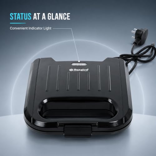 Image of Sunglow Crystal 750 Watt Sandwich Maker, Electric Toaster with Ribbed Grilling Plates, Indicator Lights, Scratch Resistant, 180 Open Griller, Auto Cutoff, 1 Year Warranty, 2 Slices, Black