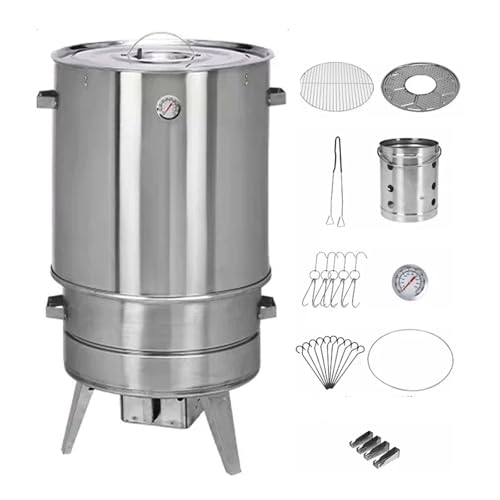 Ahumador Barril Asador de Carne Asador de Acero Inoxidable Parrilla Vertical de Carbón de 360° Incluye Termómetro y Recipiente for Pollo, Pavo, Cerdo y Cordero(B)