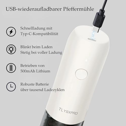 TLYSXPRO Salz und Pfeffermühle Elektrisch 2er Set, USB Wiederaufladbar, Einstellbarer Grobheit Gewürzmühle… – Ansicht 5