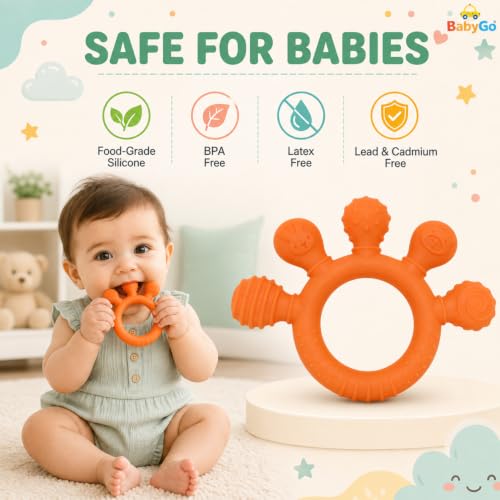 Image of BabyGo 2-in-1 Baby Teether & Sensory Ring | Soft Silicone Multi-Textured Chew Toy for Gum Soothing | Mouthing & Sensory Development | Easy-Grip Toy for Infants 3-12 Months | Orange | Pack of 1
