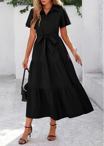 Image of KIRUNDO Summer Button Down Wedding Guest Shirt Dresses for Women Maxi Flutter Short Sleeve Flowy Tiered Beach Sun Dress