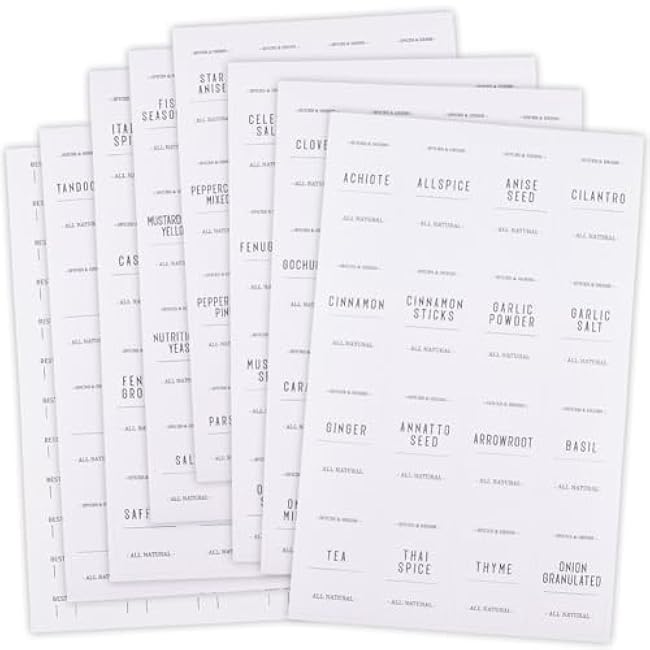 16 Sheets White Spice Labels Stickers Spice Jar Labels PVC Waterproof Blank Self Adhesive Rectangle Preprinted Pantry Decals Organizers Sets for Kitchen Food Box Bottles Seasoning Containers