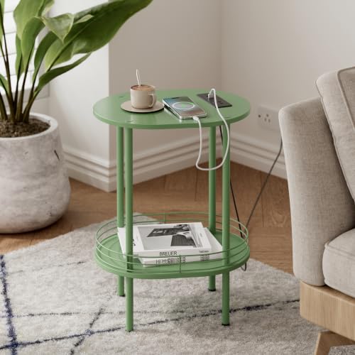 Image of Small Oval Side Table with Charging Station, 2-Tier Green Round End Table | Narrow Nightstand with USB Ports and Outlets, Bedside Table for Small Space - Living Room, Bedroom, Nursery,(1PC,Green)