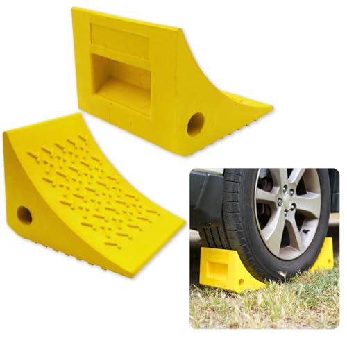 SECURITYMAN Heavy Duty Wheel Chocks (2 Pack) - Durable, Non-Slip, Solid Rubber Wheel Chocks for Boat Trailers, RV, Truck, Camper - Grip on All Surfaces - Trailer Wheel Chocks - Yellow