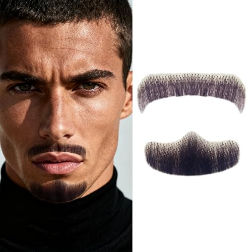 Fake Beard Goatee Mustache Realistic 100% Full Hand Tied Facial Hair False Beards Lace Invisible Goatee Beards Halloween Dressing Men Makeup Entertainment Drama Party Movie Prop (A-Black Brown)