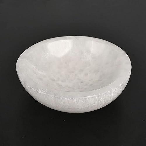Cuenco de selenita de 4 pulgadas tallado a mano redondo con cristales de selenita para limpieza, carga, manchas, curación, decoración o regalo