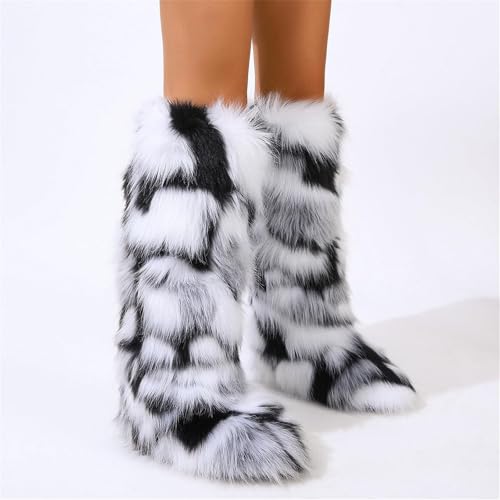 Women's Faux Fur Boots Long Furry Knee High Boots Winter Comfy Plush Warm Snow Boots Fuzzy Outdoor Boots Fluffy Indoor Flat Shoes2