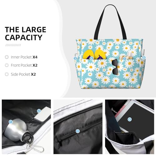 Daisy Flower Blue Oversized Waterproof Beach Bag – Multi-Pocket Zipper Tote, Compact Foldable Design For Travel, Pool, Shopping & Outdoor Adventures3