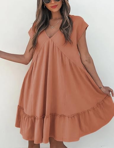 Image of APAFES Women's Summer Dress A Line V-Neck Ruffle Hem Sundress Flowy Swing Mini Dress with Pockets