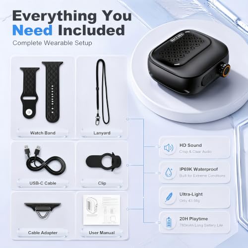 Eekontz Wearable Bluetooth Speaker, IP69K Waterproof Mini Portable Speaker, Wireless Clip On Speaker with Wrist Band, Lanyard and Clip, 20H Playtime, Built-in Mic, for Bike, Shower, Outdoor, Black - image 6