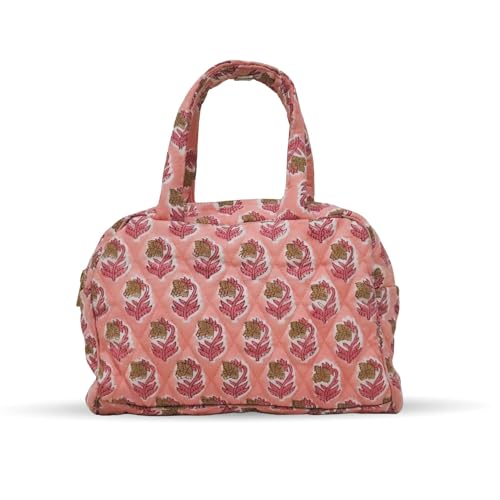 Cotton Quilted Handbag for Women – Block Print Shoulder Tote Bag with Zipper – Boho Purse for Office