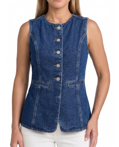 ETIBUX - ETIBUX Denim Vest for Women – Sleeveless Fitted Jean Waistcoat, Button-Down Crewneck Top, Casual Summer Trendy Vest (20% Off Amazon Deal)