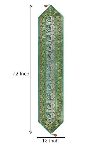 Image of Banarasi Brocade Zari Silk Table Runner Dinning & Centre Table Runner 177 By 30 CM (Green, Peacock)