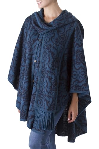 NOVICA Blue Alpaca Blend Ruana Cloak with Attached Matching Scarf, Lima Flora'2