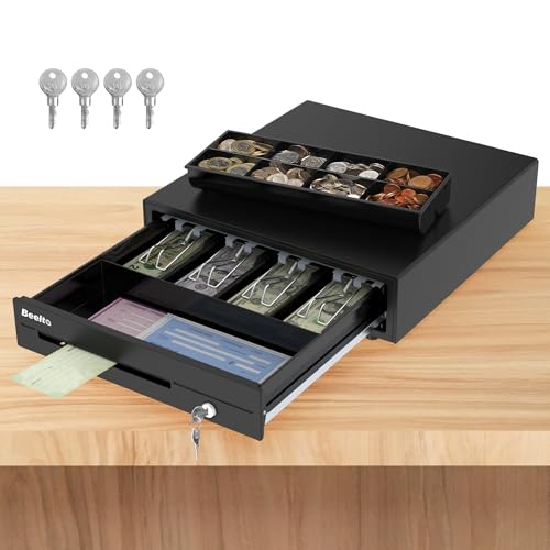 16 Heavy Duty Cash Drawer for POS System Fully Removable Tray 4 Bill/8 Coin with Micro Switch & Emergency Switch RJ11/12 Compatible with Square Clover Epson Printers BK410UEA