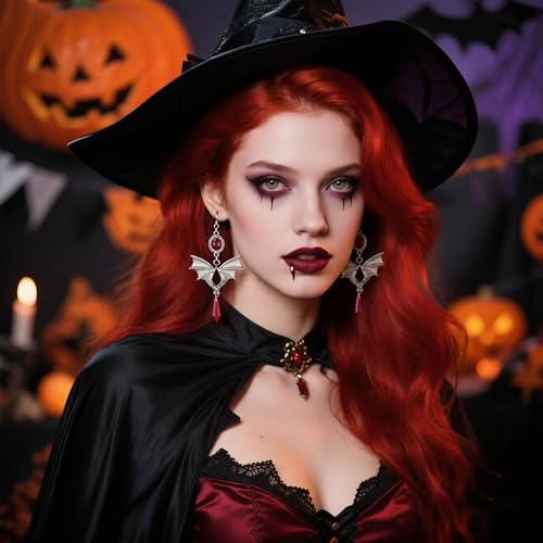 Gothic Dark Bat Earrings for Women Halloween Red Black Zirconia Vampire Earrings Vintage Witch Accessories Halloween Vampire Cosplay Costume Spooky Party Jewelry Accessories2
