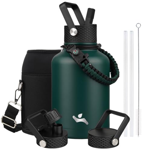 Image of Konokyo Insulated Water Bottle with Straw,50 oz 3 Lids Water Jug with Carrying Bag,Paracord Handle,Double Wall Vacuum Stainless Steel Metal Flask,Dark Green
