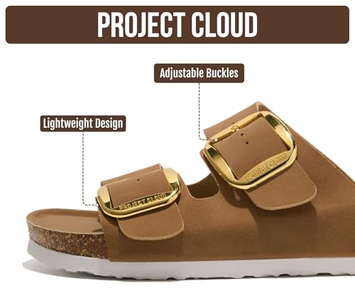 Image of Project Cloud 100% Genuine Leather Footbed Sandals for Women 2026 Comfortable Beach Essentials Womens Sandals Memory Foam Vacation Essentials Slides for Women Footwear (Santorini)