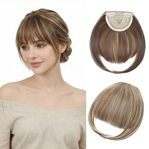 Benehair Flequillo Postizo Pelo Natural Flequillo Francés Postizo Invisible Flequillo Postizo Extensión Flequillo Clip para Mujeres(Marrón Claro con Rubio, 30g)