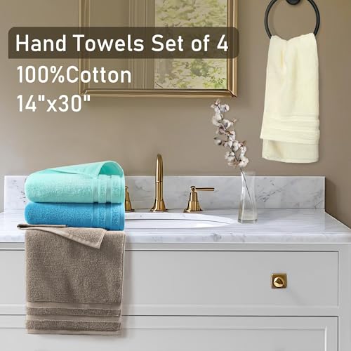 Image of Hand Towels Set of 4 (14 inchx30 inch) - Lightweight | Thick 480GSM | Soft | Absorb,Cotton Hand Towels for Bathroom & Kitchen , Multicolor Towels for Showering & Guest Use, Brown + Pink + Turquoise + Yellow