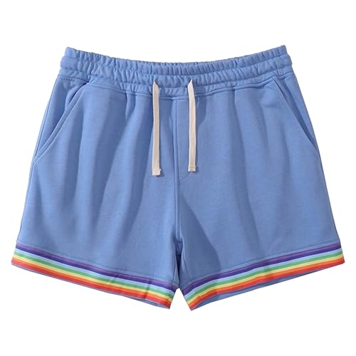 Mens Rainbow Print Drawstring Casual Short Classic Fit Cotton Shorts Flat Front Fashion Trim Short (Sky Blue,Large)
