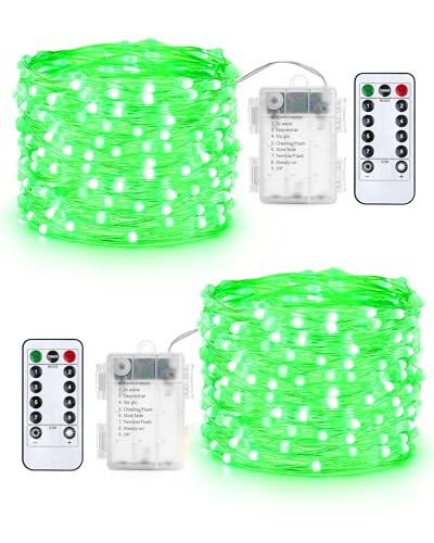 Qedertek 2 Piezas Luces de Navidad Exterior, 10M 100 LED Luces Guirnaldas con Pilas con Control Remoto, 8 Modos, Impermeable, Luz Verde de Arbol de Navidad