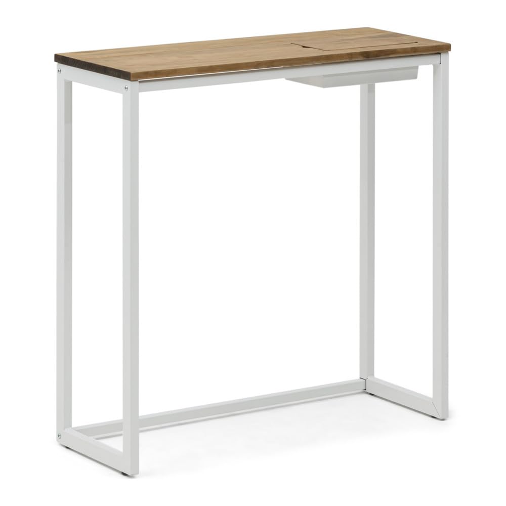 BOX FURNITURE Recibidor con Bandeja Oculta, Blanco, 78x30x80 cm, Acero Lacado y Madera Maciza, Acabado Envejecido, Fabricado en España