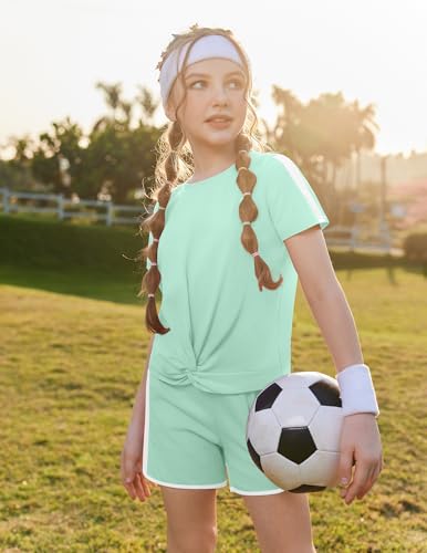 Image of Arshiner Girls Clothing Sets Twist Front Top and Shorts 2 Piece Outfits Activewear Tracksuit 5-14 Year