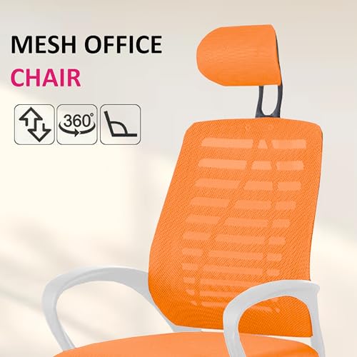 Image of Casa Copenhagen,Mesh Office Desk Chair,Rocking Ergonomic Computer Chair Adjustable High with Headrest and Comfortable Armrest Swivel - Orange & White Handle