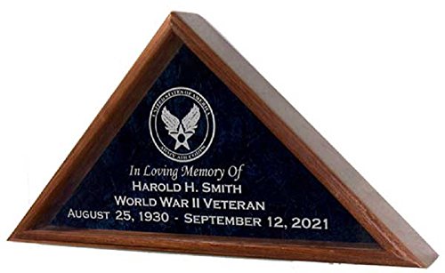 Military Funeral Burial Flag Display Case w/ Military Emblem - Includes 4 Lines of Text Personalization - for 5x9.5 Coffin Flag - Solid Walnut Wood (Navy Emblem)