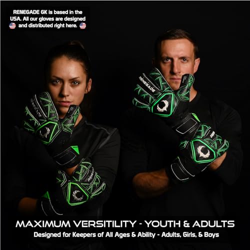 Image of Renegade GK Renegade GK Triton Raider Roll Cut Level 2 Goal Keeper Gloves with Pro-Tek Fingersaves - Boys & Girls Goalie Gloves Size 7 - Youth Keeper Gloves Black & Green