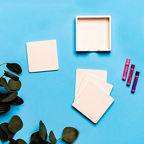 Image of IVEI MDF DIY Square Coasters with Holder - Set of 4 - MDF Wooden Coasters & Holder Blank Cutouts for Painting Craft Decoupage Resin Art Work & Decoration - White - 3.5 inch Inches