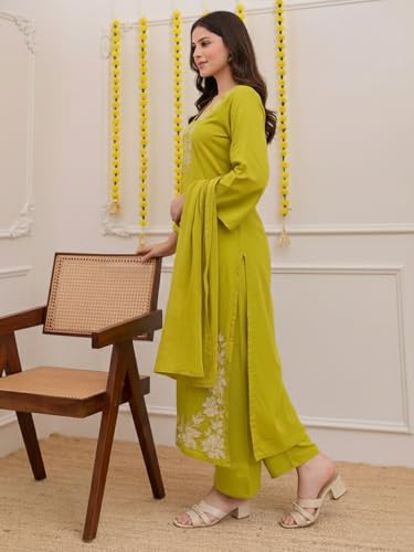 Image of ANNI Designer Pure Cotton Embroidered Kurta Set for Women | Rust Orange Kurta with Pants & Dupatta | Floral Neck & Hem Embroidery | Cotton Kurta Set for Women | 10 Colour Options Available