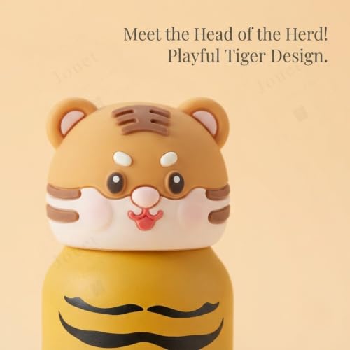 Image of JOUET Kids Stainless Steel Water Bottle 280ml with Tiger Print Design, Yellow Leakproof Drinking Bottle for School, Travel & Daily Use
