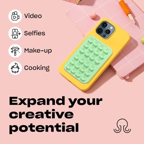Image of OCTOBUDDY Classic MAX - Silicone Suction Phone Case Adhesive Mount - Hands-Free, Strong Grip Holder for Selfies and Videos - iPhone and Android Compatible - 2.6″ x 3.9″, Marigold