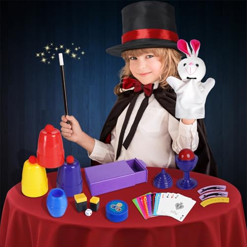 DINORUN Zauberkasten für Kinder - Zaubertricks mit Zauberstab, Zauberhut & Anleitung, Spielzeug Kindergeschenke ab 6-12 Jahren