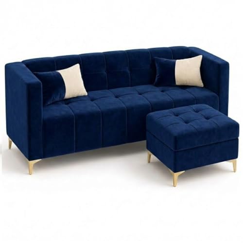 Image of FURNY Homeliving 4 Seater L Shape Sofa Set with Movable Ottoman & Golden Legs | Flexible Left or Right Layout | Plush Velvet Fabric (Dark Blue) | Perfect for Living Room, Guest Room & Office