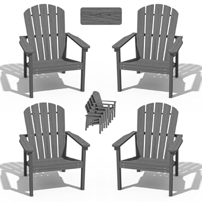 nevilywood Stackable Adirondack Chair Set of 4, HDPE Outdoor Patio Chair - Durable and Space Saving, Suitable for Porches, Lawns or Garden, Grey