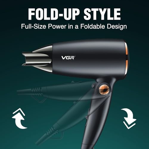 Image of VGR V-439 Foldable Hair Dryer for Men & Women with 1600W DC Motor, 2 Speed Settings, Cool Shot Function, 1.8m Cable, Ideal for Salon and Home Use (Black)