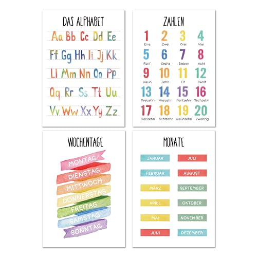 BIROYAL A4 ABC Poster für Kinder, 8er Set Lernposter Kinder, Alphabet Poster, Kinderposter, Lernposter Grundschule, Piktogramme Zahlen, pädagogische Montessori