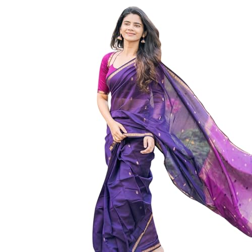 Image of Original Maheswari Cotton Silk Saree for Women | Kanjivaram Pure Silk Cotton Sari with Blouse | Zari Work | Tassels | Handloom Weave