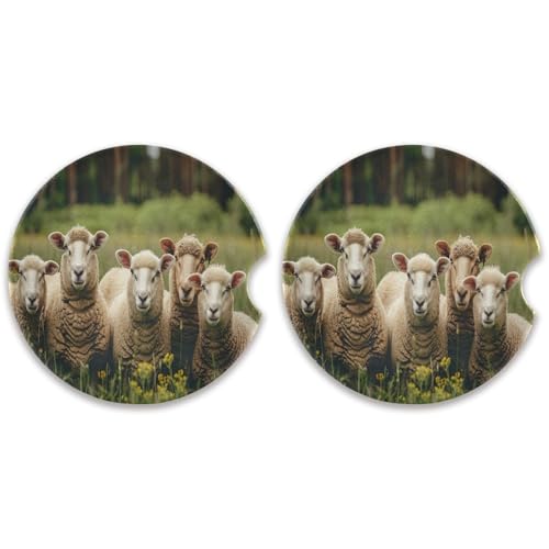 SKYSHU Sheep Group - Juego de 2 posavasos redondos para automóvil, para bebidas, de piedra de cerámica absorbente con base de corcho y agarre para la punta de los dedos para una fácil limpieza en