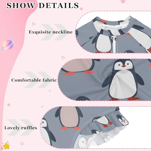 Penguin Animal Pattern Girls Long Sleeve Swimsuit Rash Guard One Piece Bathing Suits Zipper 3-12T4