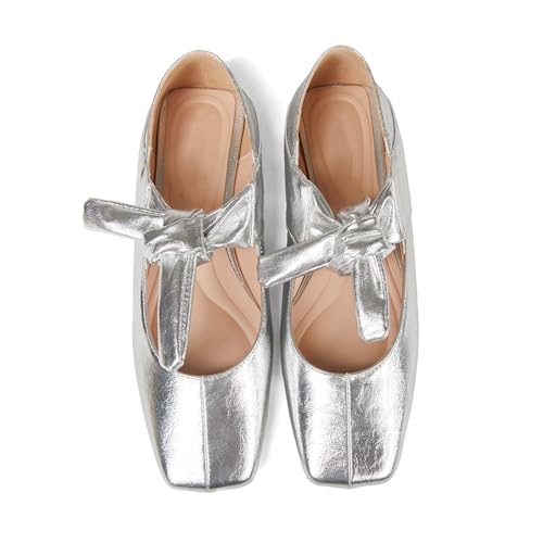 Ballet Flats for Women Square Toe Leather Bow Mary Janes Comfortable Casual Office Walk Dress Shoes3