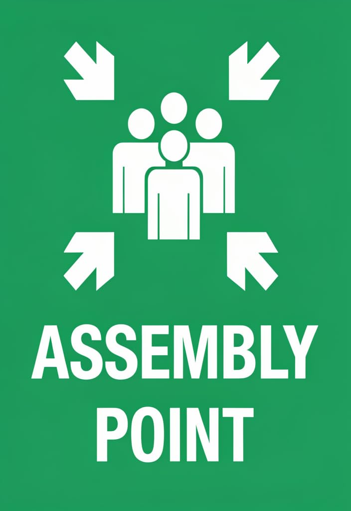 peiyeety Assembly Point Safety Tin Sign 12x8 Inch, Green Emergency Muster Meeting Area Metal Wall Plaque, High-Visibility Workplace Evacuation Sign for Office, Warehouse, Factory, Home Garage Decor