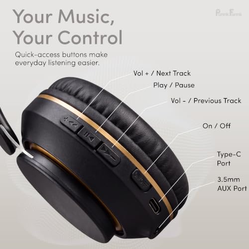 Image of PunnkFunnk FusionBeat Wireless Bluetooth Headphones with BT 5.3, Noise Cancelling, Hi-Res Audio, 40mm Drivers, Deep Bass, Memory Foam Ear Cushions, Over-Ear Headset, Teens & Adults (Black)