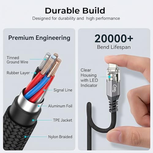 Image of Verilux 240W Type C Cable, 1.5M /4.9FT LED, 480Mbps Sync, Nylon Braided