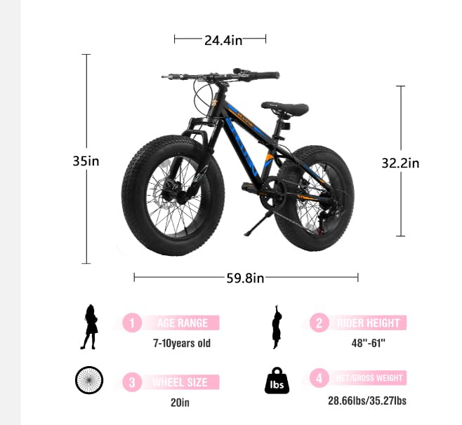 Amazon.com : Toolmoo 20 Inch Fat Tire Mountain Bike for Kids