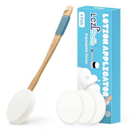 LCZLBath Lotion Applicator for Back, Feet with 4 Replaceable Pads, Long Curved Handle Applicator for Kids, Women, Elderly Apply Sunscreen, Skin Creams, Medicine, Moisturizers and Self Back Tanning